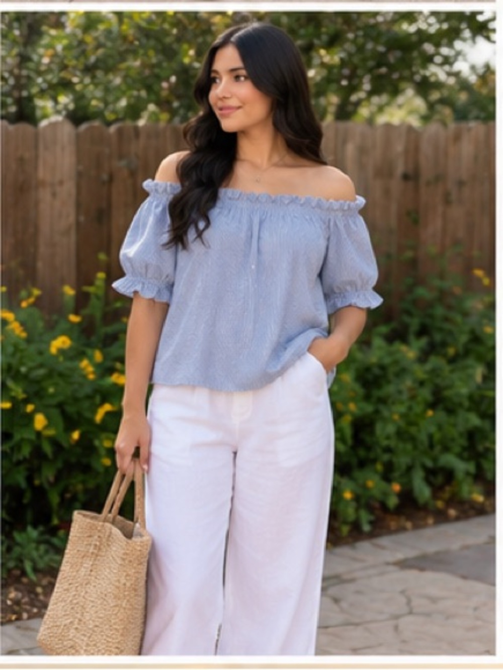 Heart Hips Light Blue Striped Off-Shoulder Blouse